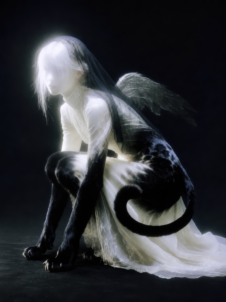 the sphinx — a veiled white figure with black feline limbs and one glass wing, crouched on nothing