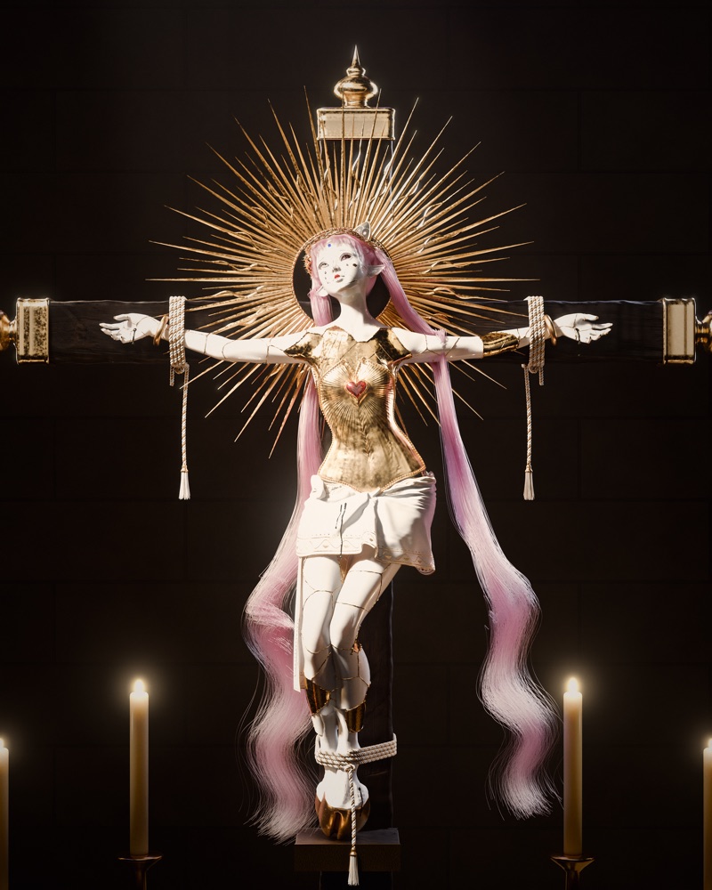 Fae bound to a dark wooden cross, with a radiant gold halo, a red heart and candles.