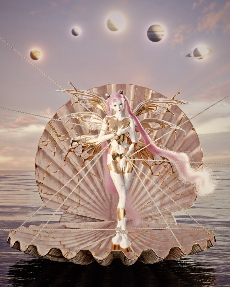 Fae in gold and porcelain, standing in a pink shell above the sea beneath a sky of planets.