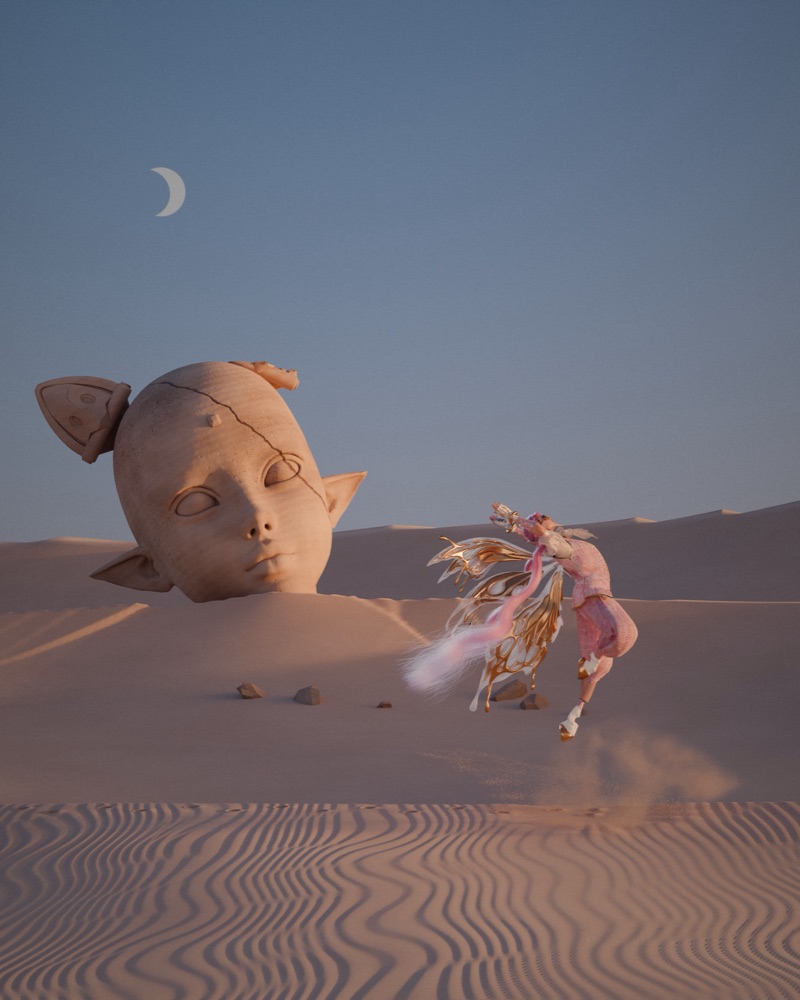 Fae dancing above desert dunes beside a giant cracked likeness of her own head under a crescent moon.