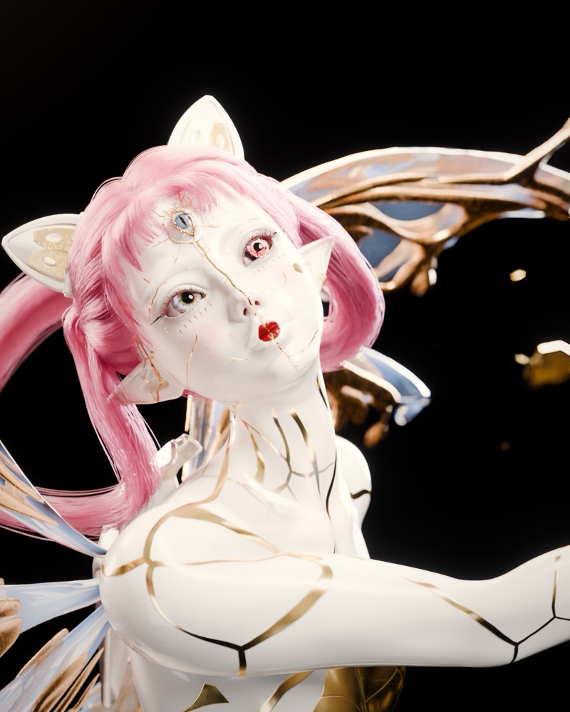 A close self-portrait of Fae with pink hair, mismatched eyes and gold seams across her porcelain face.