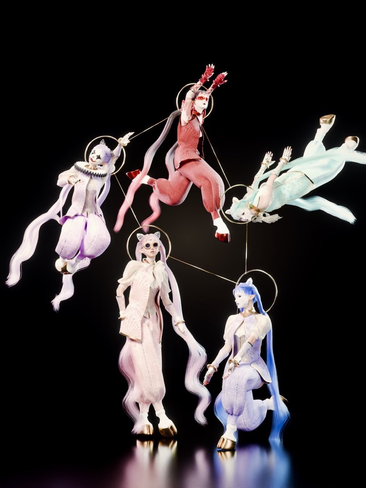 Five versions of Fae in pink, red, mint, lilac and blue, linked by fine threads between their halos.