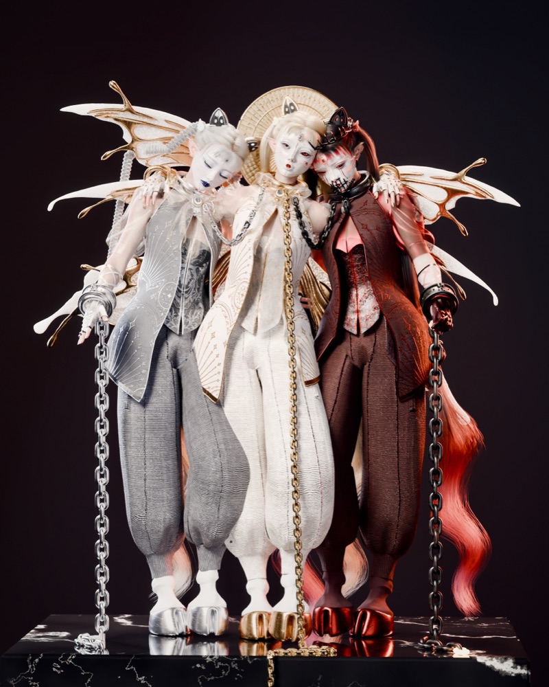 Three versions of Fae in silver, gold and red, with wings, chains and their arms around one another.