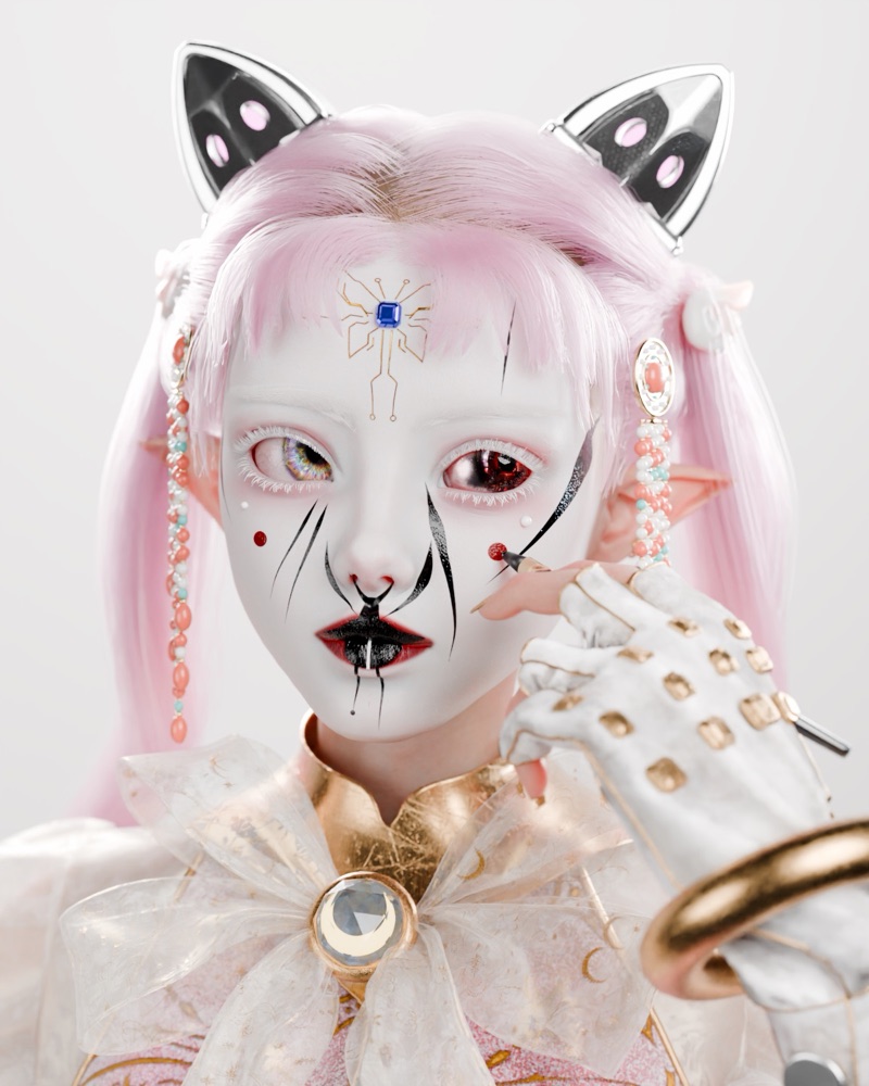 Fae painting a red dot on her cheek beside black face markings, with pink hair and beaded ornaments.